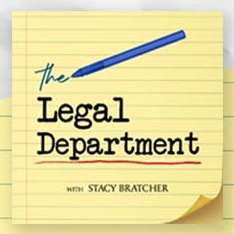 A logo containing a yellow notepad with blue pen at the top. The text reads: "the Legal Department" in bold, black font. The word "Legal" is underlined in red. Below, in smaller text, it says "with STACY BRATCHER.