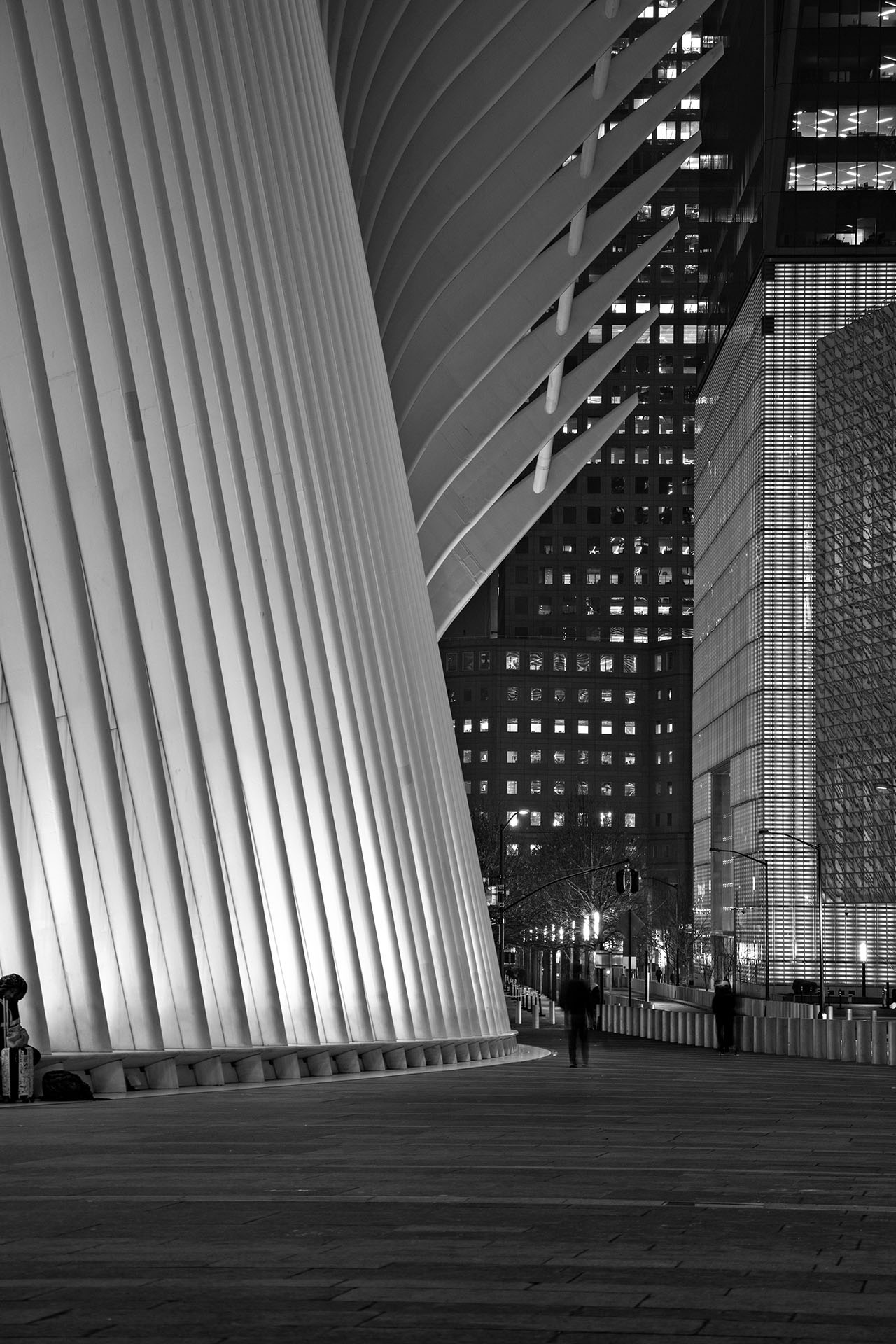 Black and white photo of the Oculus, a modern architectural structure in NYC, with its distinctive rib-like exterior. The photo captures the sleek lines of the building, people walking, and illuminated windows of surrounding skyscrapers at night—symbolizing a hub for issues management and advocacy.