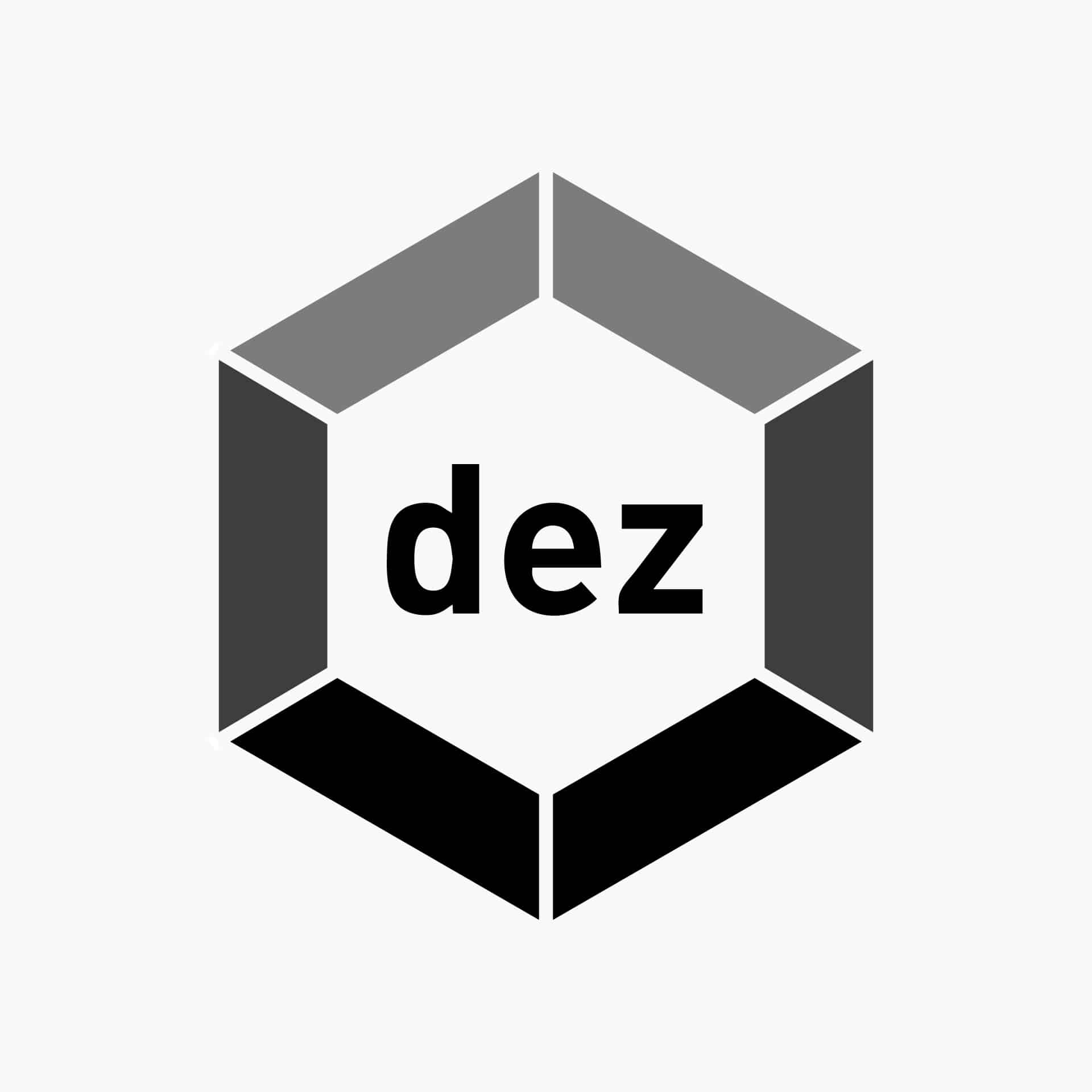 A logo features a hexagon divided into six triangular sections, each in varying shades of gray. The word "dez" is centered within the hexagon and written in lowercase letters.
