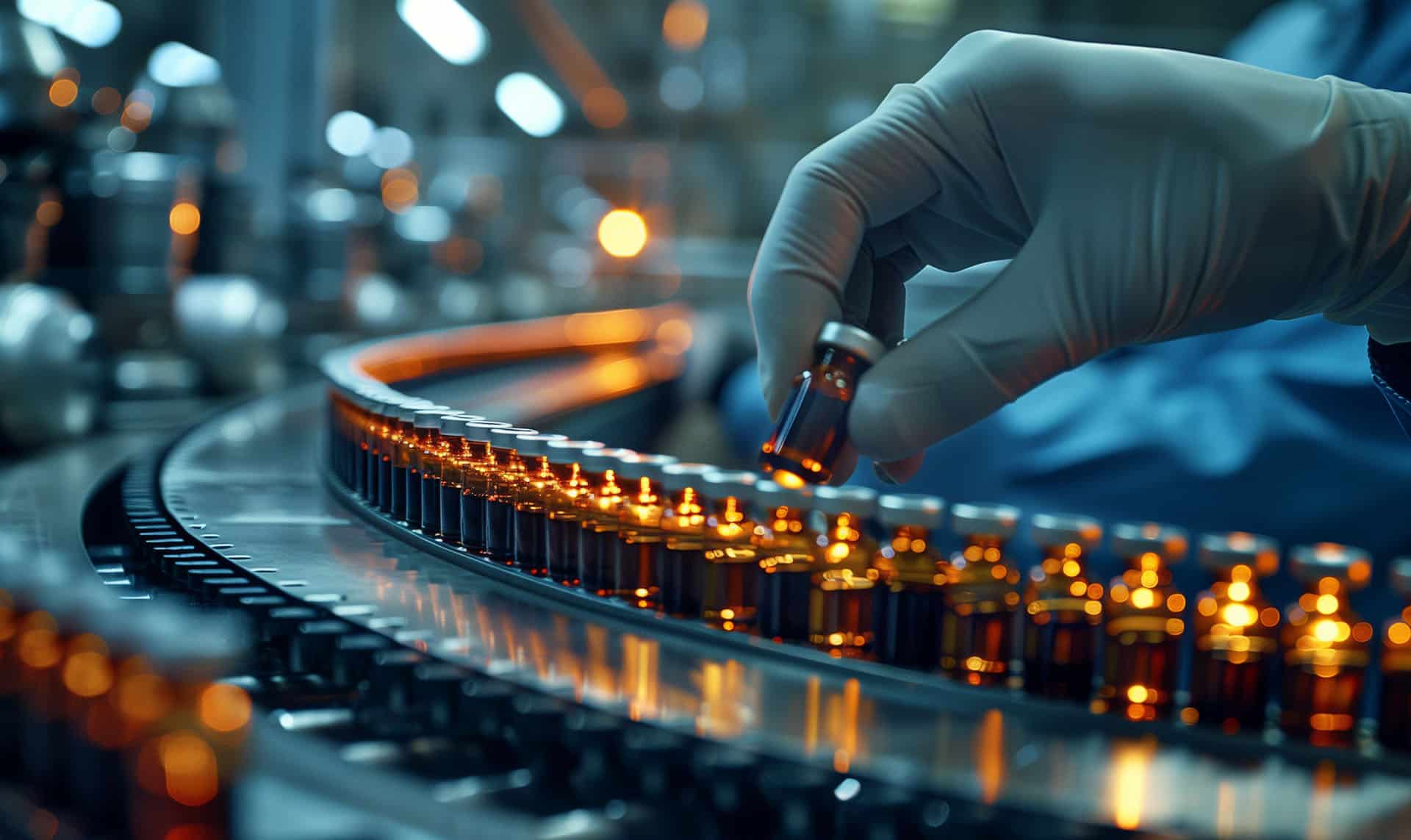 A gloved hand places a vial onto a conveyor belt filled with identical vials in a brightly lit manufacturing facility, likely producing medication or vaccines. The focus is on the hand and vial, emphasizing precision and sterility in the process.