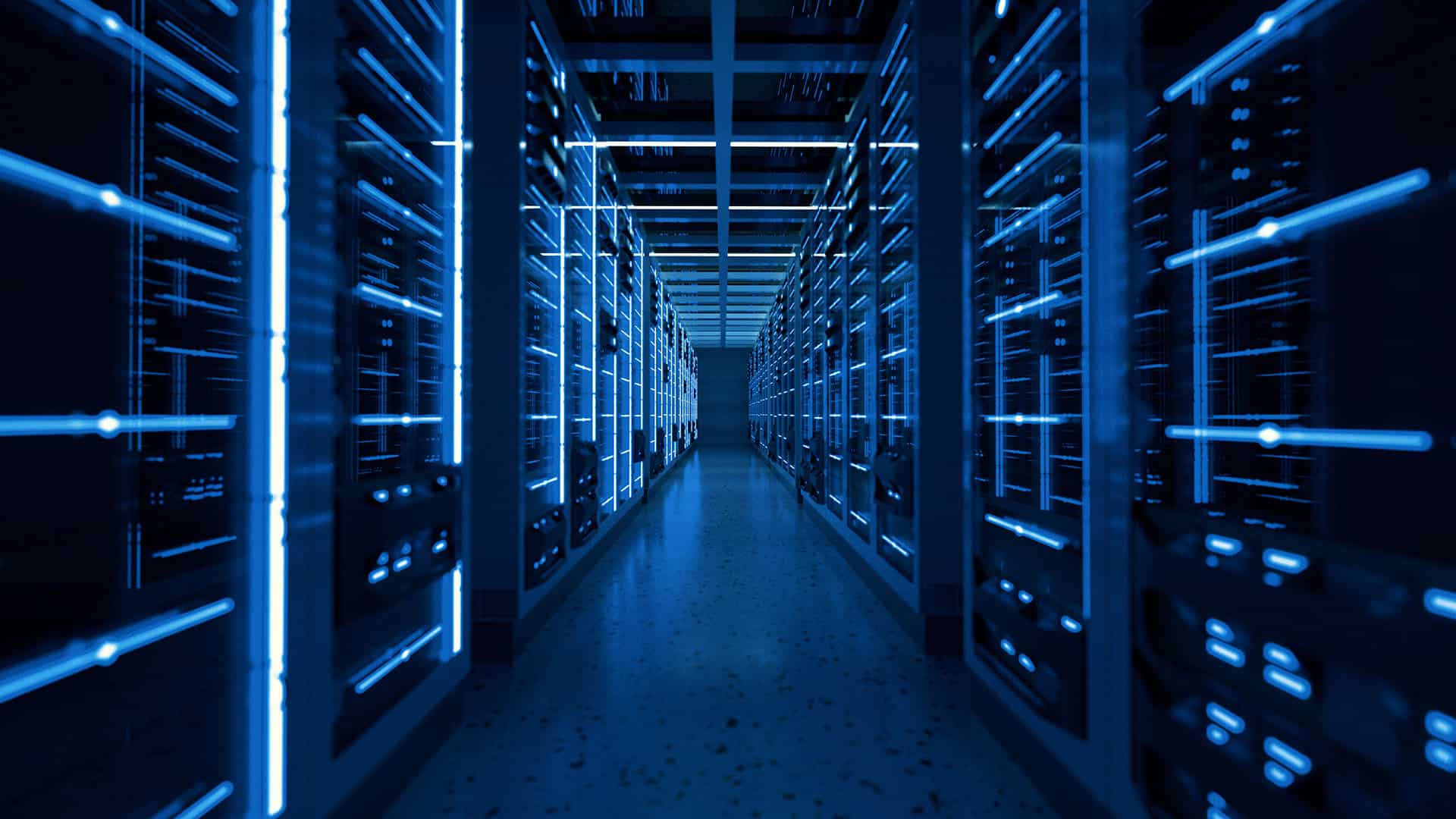 A dimly lit data center corridor lined with rows of server racks glowing with blue LED lights on both sides. The perspective draws the eye to the vanishing point at the end of the aisle, conveying a futuristic and high-tech atmosphere.